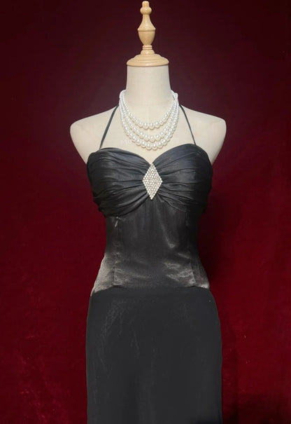 Black Prom Dress Inspo A line Halter Chiffon Satin 18th Birthday Outfits Formal Party Gown RC0114