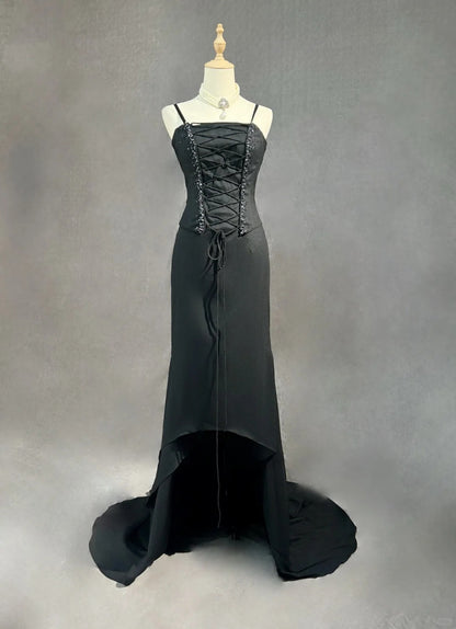 Vintage Prom Dresses 1950s High Low Spaghetti Straps Black Tie Dress Sleeveless Evening Formal Outfits RB4339