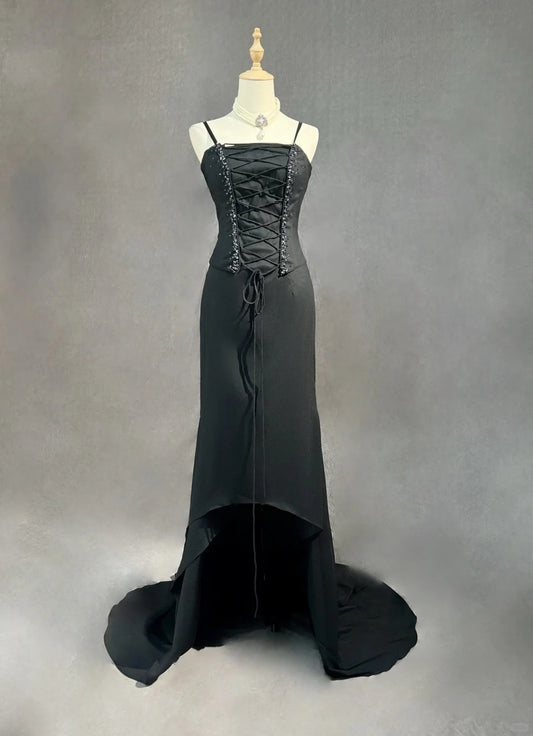 Vintage Prom Dresses 1950s High Low Spaghetti Straps Black Tie Dress Sleeveless Evening Formal Outfits RB4339