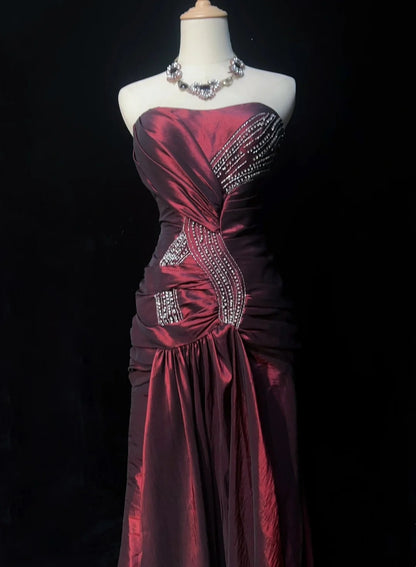 Glamour Prom Dresses Mermaid Strapless Burgundy With Beading Formal Evening Outfits N3834
