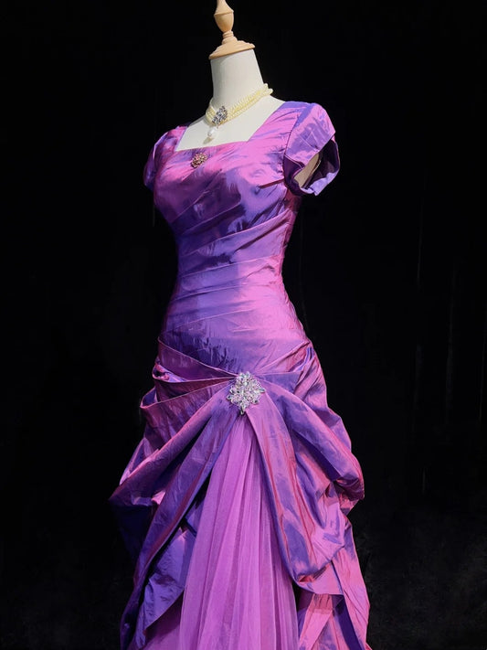 Vintage Prom Dresses Inspo Mermaid 90s Square Neck Short Sleeves Purple With Ruffled For Women Formal Dress N3279