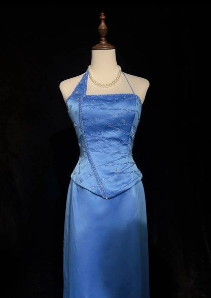 Vintage Prom Dresses A Line Halter Blue Satin With Beading Long Formal Dress N2461