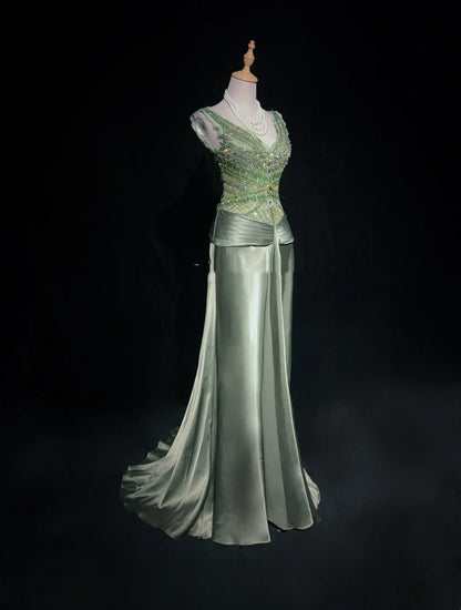 Vintage Prom Dresses Mermaid V Neck Sage Green Sleeveless Satin With Beading 1980s Long Formal Gown N2865