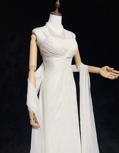 Simple Wedding Dresses A Line Spaghetti Strap Chiffon White Pleated Summer Beach Long Wedding Gown N3831
