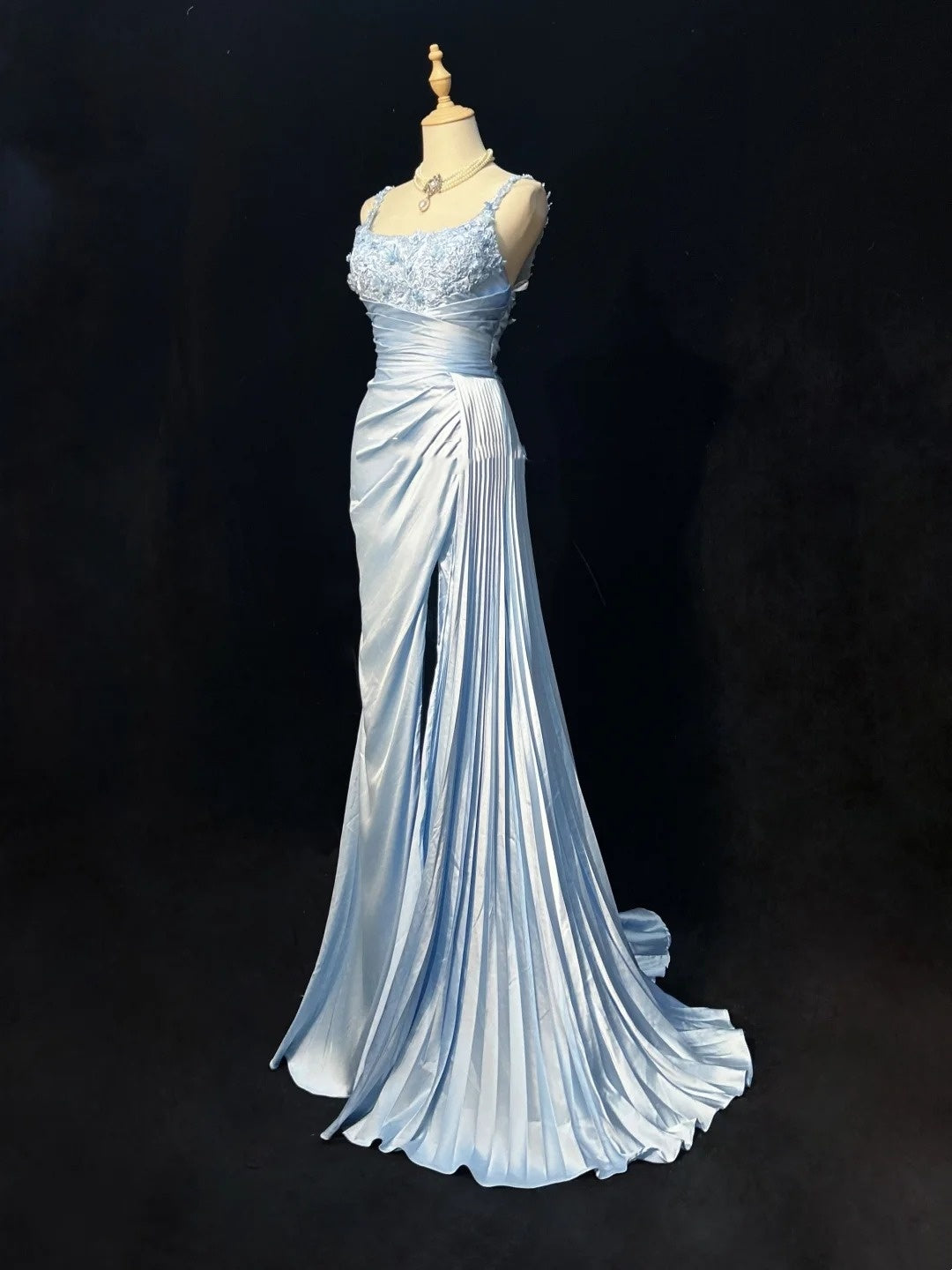 Light Sky Blue Prom Dress Inspo Mermaid Straps With Appliqued Slit Modest Long Formal Party Gown RC0082