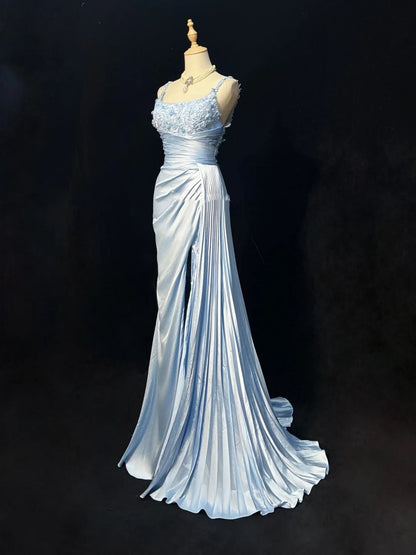 Light Sky Blue Prom Dress Inspo Mermaid Straps With Appliqued Slit Modest Long Formal Party Gown RC0082