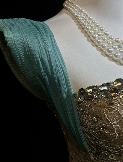 Vintage Prom Dresses Mermaid Strapless With Lace Pleated Beading Long Formal Dress N2462