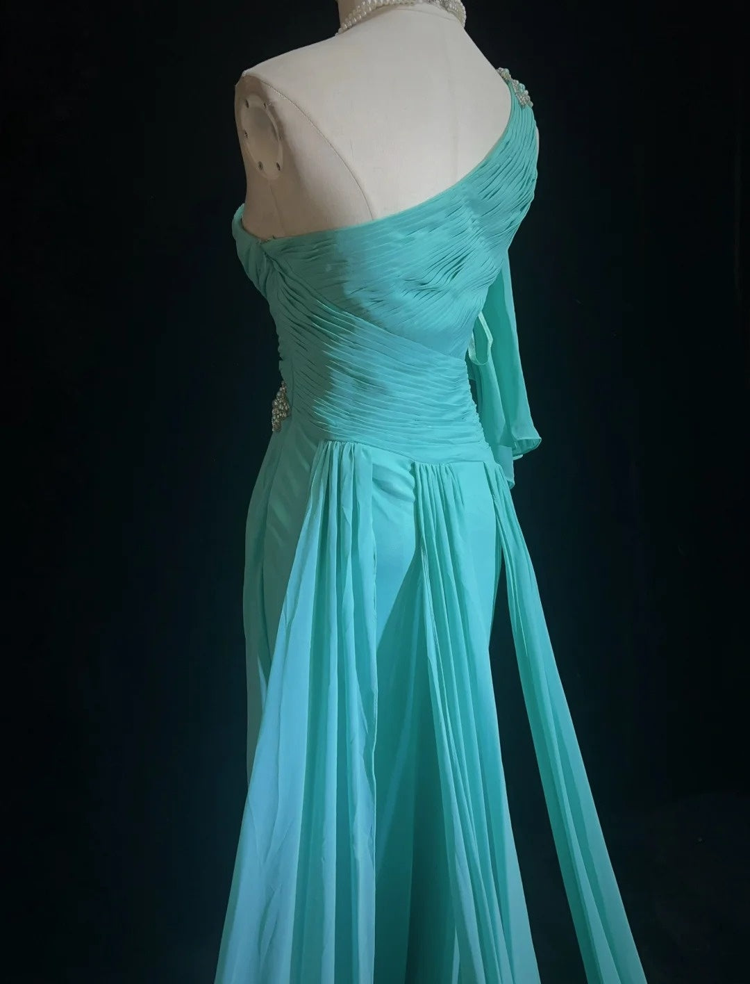 Vintage Prom Dresses Mermaid One Shoulder Blue Chiffon 80s Long Formal Gown N2758