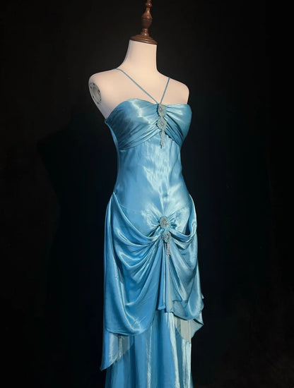 Modest Prom Dresses Mermaid Halter Blue Satin Sleeveless With Ruffled Formal Evening Dress N3828