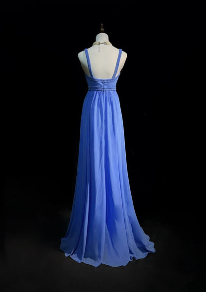 Vintage Prom Dresses A Line Spaghetti Strap Blue Chiffon With Beading Long Formal Dress N2446
