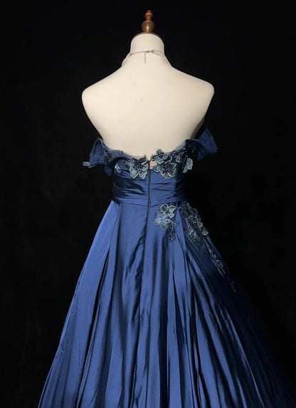 Vintage Prom Dresses Ball Gown Sweetheart Navy Blue Satin With Applique 90s Long Formal Evening Gown N2658