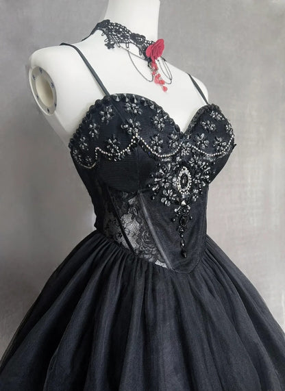 Pretty Ball Gown Spaghetti Strap Little Black Tulle Short Mini Homecoming Dresses N2521