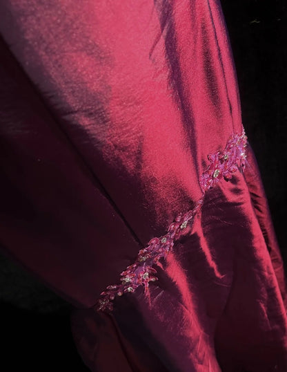 Vintage Prom Dresses Mermaid Sweetheart Burgundy Taffeta With Applique Long Formal Dress N2445
