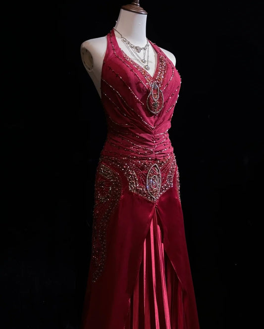 Modest Prom Dresses Mermaid Halter Burgundy Chiffon With Beading Long Formal Evening Dress N3877
