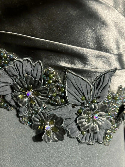Vintage Prom Dresses A Line Spaghetti Strap Green Satin With Beading Long Formal Dress N2503