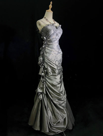 Modest Prom Dresses Mermaid Spaghetti Strap Grey Satin With 3D Flowers Formal Outfits N3653