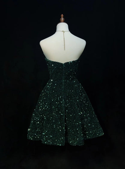 Vintage Ball Gown Sweetheart Dark Green Sequined Y2K 2000s Short Mini Homecoming Dresses N3108
