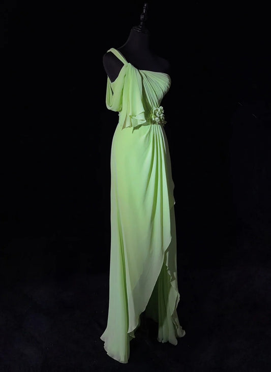 Beautiful Prom Dresses A line One Shoulder Chiffon Green With Ruffled Long Evening Outfits N3383