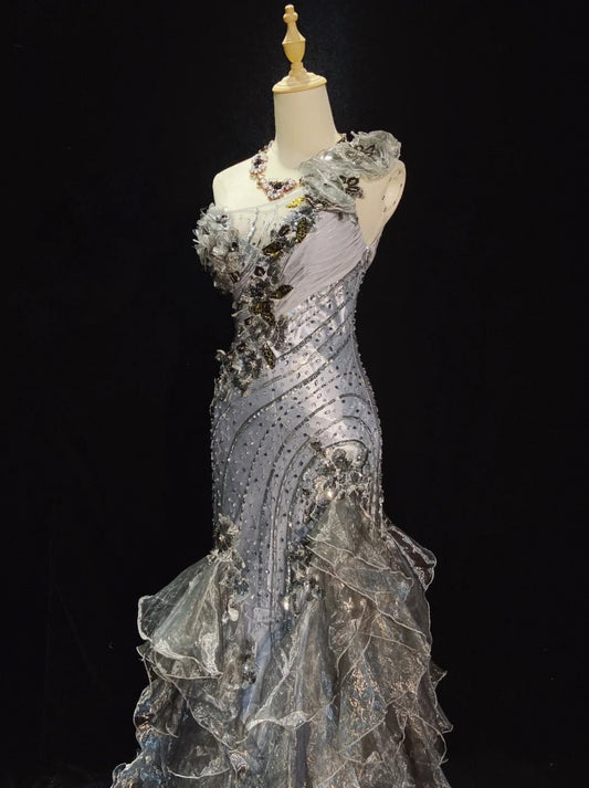 Vintage Prom Dresses 80s Mermaid One Shoulder Grey Sleeveless With Beading Semi Formal Evening Outfits N3613