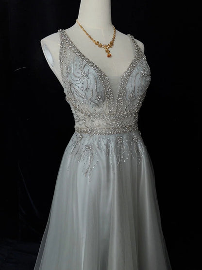 Vintage Prom Dresses Inspo A line V Neck Light Grey With Beading For Women Formal Dress N3238