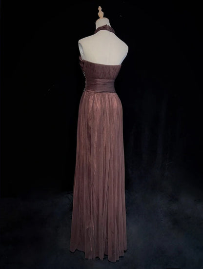Vintage Prom Dresses Inspo A Line Halter Chocolate Chiffon Long 1990s With Beading Formal Gowns N3339