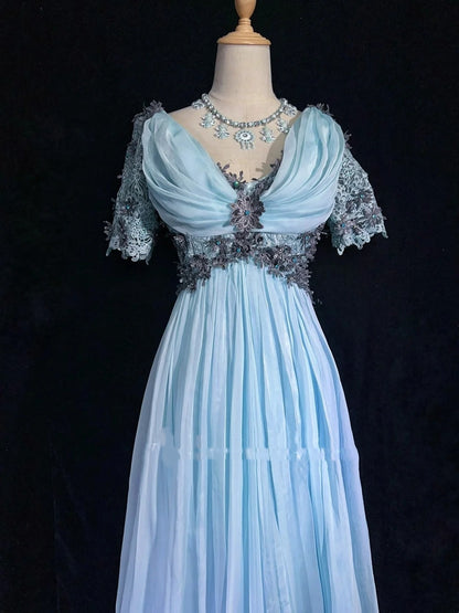 Vintage Prom Dresses 1960s A line V Neck Light Sky Blue Chiffon With Appliqued Long Prom Gown N3109
