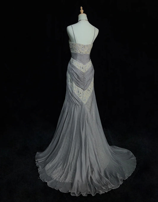 Vintage Prom Dresses Inspo Mermaid Spaghetti Strap Grey Lace 90s With Lace Sequined Formal Gowns N3348