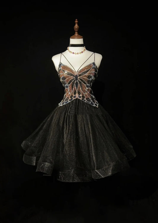 Pretty Ball Gown Spaghetti Strap Little Black Tulle Short Mini Homecoming Dresses Hoco Gowns N2628