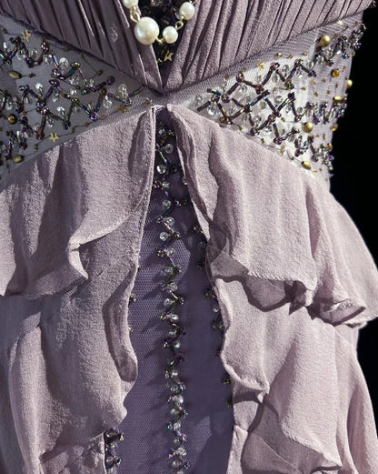 Vintage Prom Dresses A line Halter Lilac Chiffon With Ruffles Beading Long Formal Dress N2465