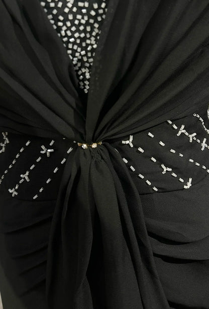 Vintage Prom Dresses A line Halter Black Chiffon With Beading 1970s Long Formal Gown N2619