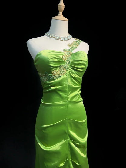 Vintage Prom Dresses Mermaid One Shoulder Light Green Satin With Beading Long Formal Dress N2450