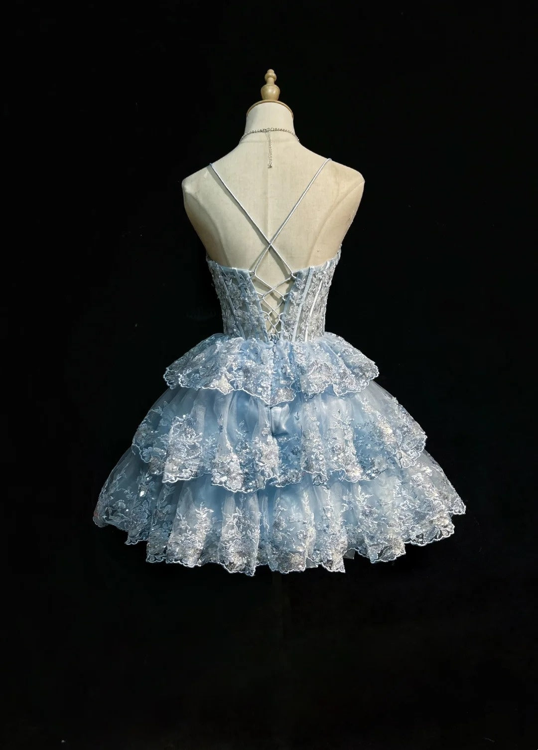 Vintage Hoco Dress Ball Gown Spaghetti Straps Light Blue Lace Short Homecoming Party Dress RC0084