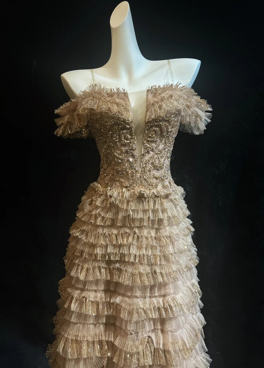 Vintage Prom Dresses A line Spaghetti Strap Gold Lace With Sleeves 80s Evening Formal Dress RB3268