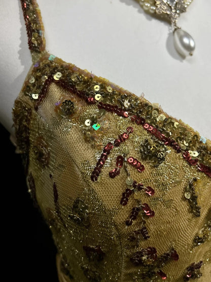 Vintage Prom Dresses A Line Spaghetti Strap Gold Satin With Ruffles Beading Long Formal Dress N2501