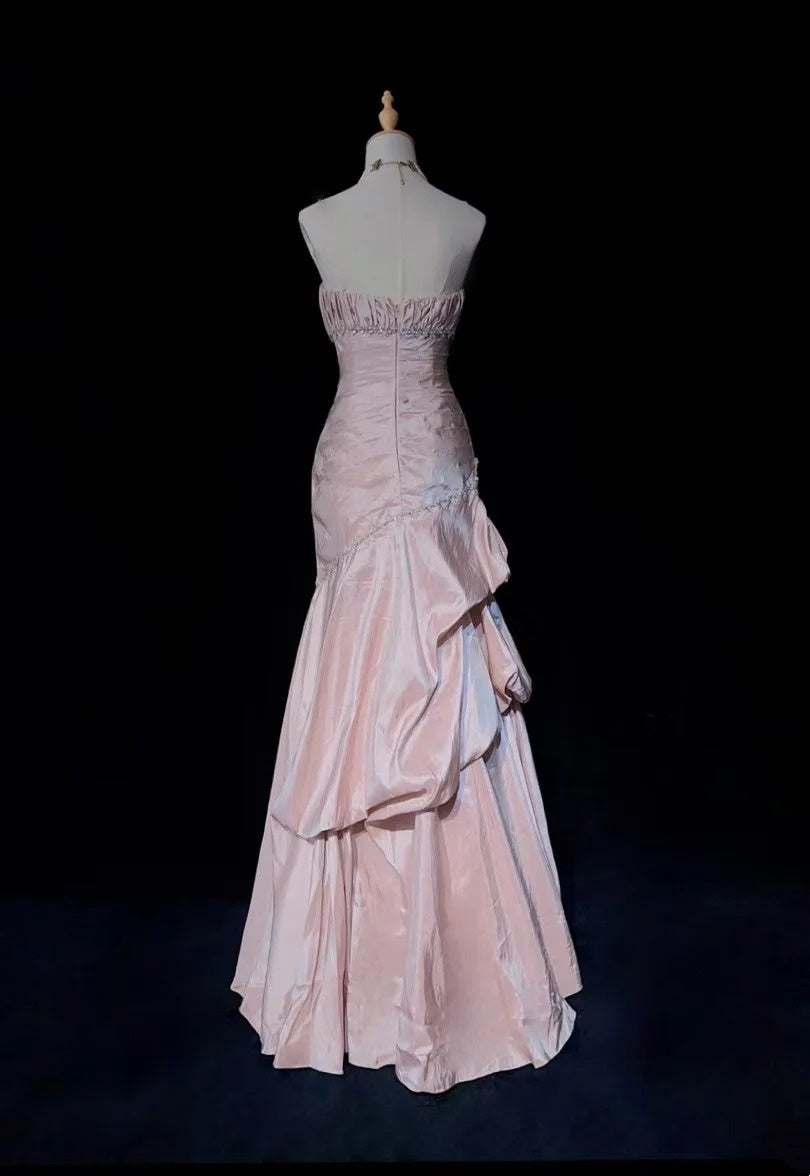 Vintage Prom Dresses Mermaid Spaghetti Strap Taffeta Light Pink With Silver Beads 1950s Long Formal Gown N2597