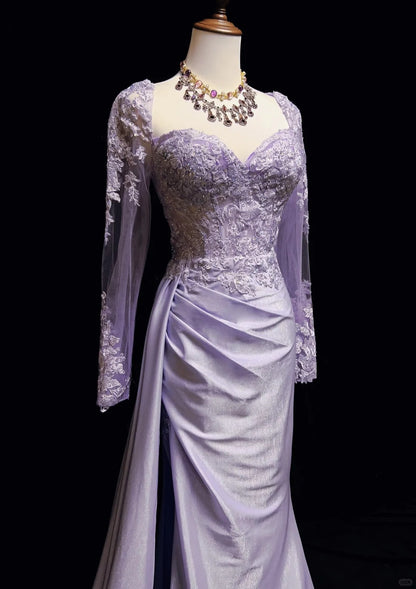 Vintage Prom Dresses 1960s Mermaid Sweetheart Lilac With Split Long Sleeves Prom Gown N3100