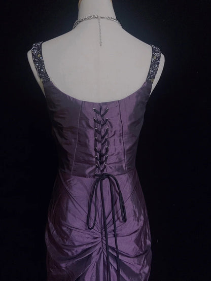Vintage Prom Dresses 90s Mermaid Sweetheart Purple Taffeta With Beading Ruffle Long Semi Formal Evening Dress N3670