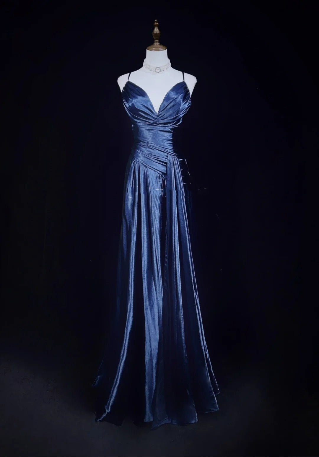 Vintage Prom Dresses A line Spaghetti Strap Navy Blue Satin 1990s Formal Evening Gown N2661