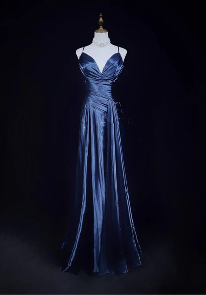Vintage Prom Dresses A line Spaghetti Strap Navy Blue Satin 1990s Formal Evening Gown N2661