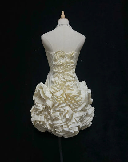 Timeless Wedding Dresses Sheath Strapless Beige Satin With Ruffled Short Bridal Gown N3004