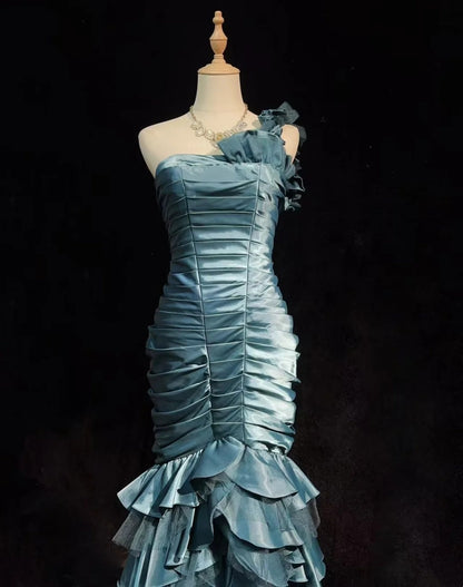 Vintage Mermaid One Shoulder Dusty Blue Satin With Folds Sleeveless Long Formal Dress Gown Birthday Prom Dresses N2442