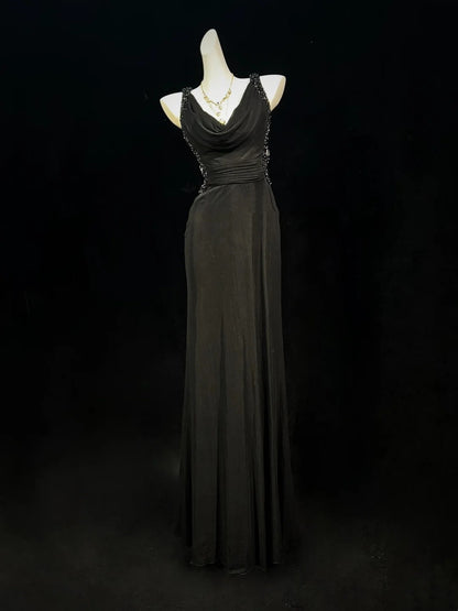 Black Prom Dress Inspo Mermaid Cowl Neck Backless With Beading 18th Birthday Outfits Formal Party Gown RC0127