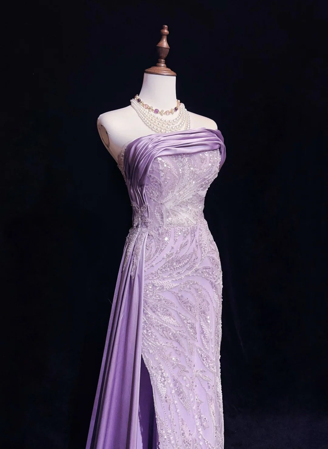 Vintage Prom Dresses Inspo Mermaid Strapless Lilac Sequined With Slit Beads 80s Long Formal Gown N2742