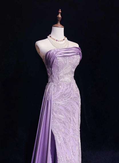 Vintage Prom Dresses Inspo Mermaid Strapless Lilac Sequined With Slit Beads 80s Long Formal Gown N2742