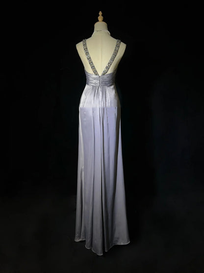 Vintage Prom Dresses Inspo A Line Halter Grey Long 1990s With Gold Beading Formal Gowns N3326