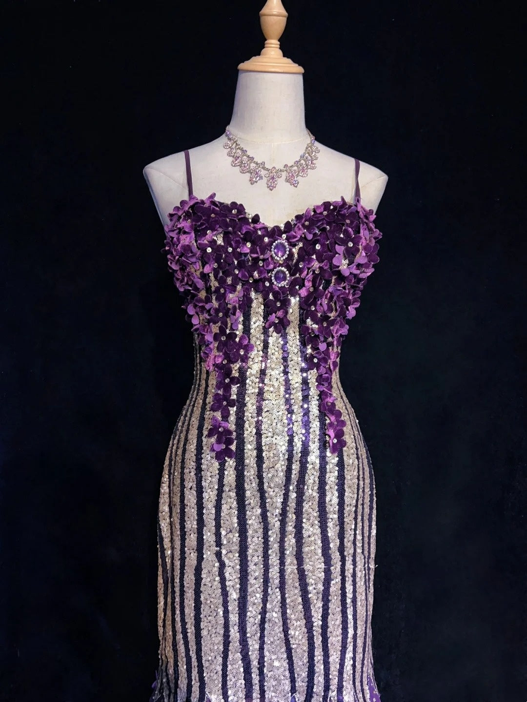 Glitter Prom Dresses Mermaid Spaghetti Strap Purple Chiffon With Flowers Long Formal Evening Dress N3893