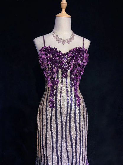 Glitter Prom Dresses Mermaid Spaghetti Strap Purple Chiffon With Flowers Long Formal Evening Dress N3893