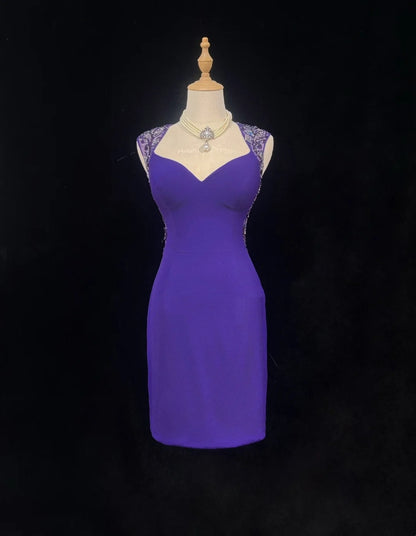 Pretty Sheath Sweetheart Purple Satin Short Mini Homecoming Dresses Hoco Gowns N2596