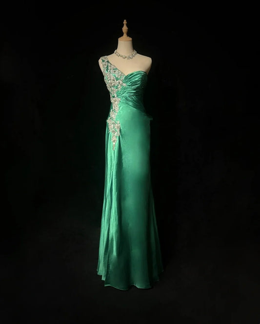Vintage Prom Dresses A line One Shoulder Green Satin 70s With Appliques Lace Long Formal Gown N2529