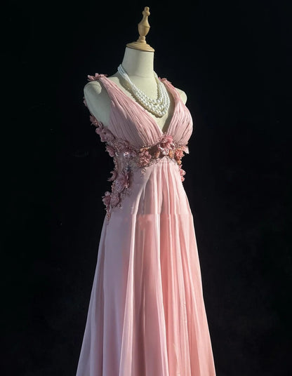 Vintage Prom Dresses A line V Neck Pink Chiffon 70s With 3D Flowers Beading Long Formal Gown N2528